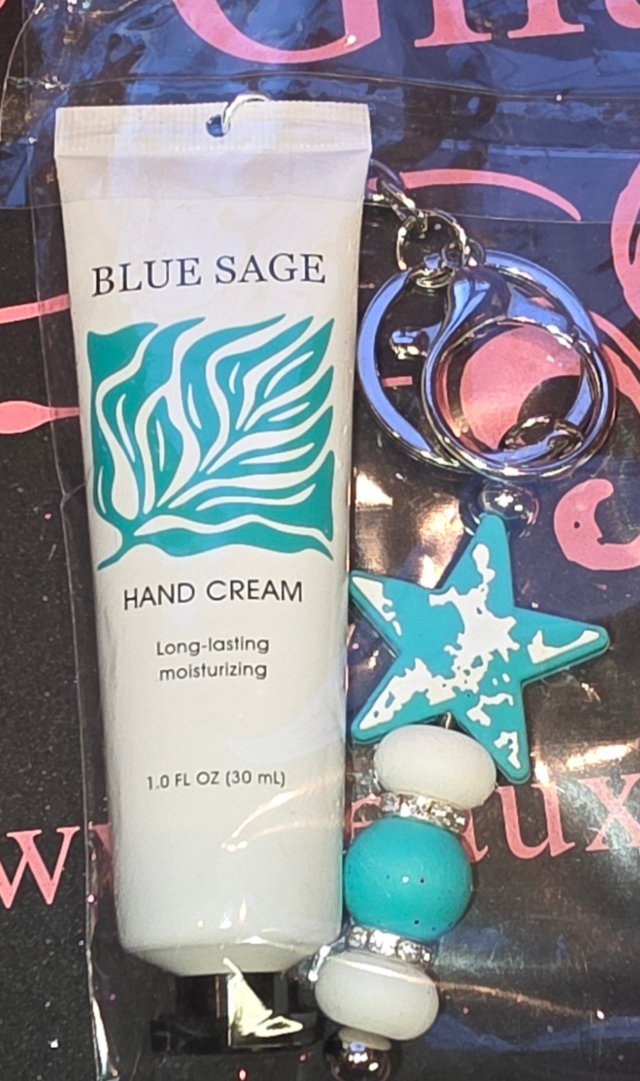 Keychain w/Lotion, Beaded Blue Sage