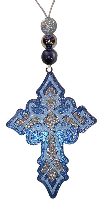 Freshie, Ornate Cross - Blue/Silver